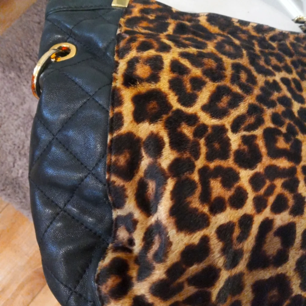 Michael Kors Leopard Print Tan and Black Chain-Accent Shoulder Bag